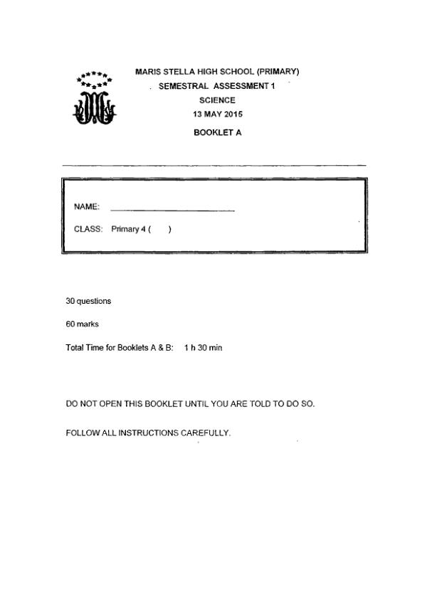 Maris Stella High P4 Sci WA2 2015 exam paper PDF first page preview