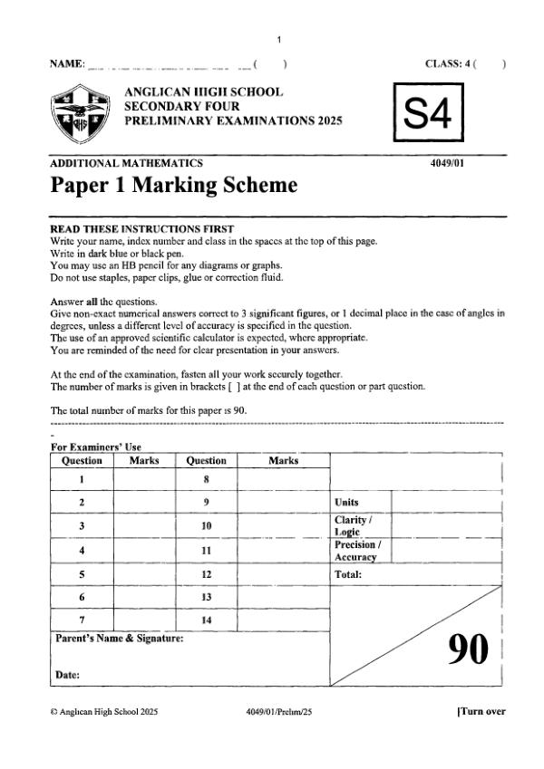 Anglican Sec4 A_Maths Prelim 2025 exam paper PDF preview