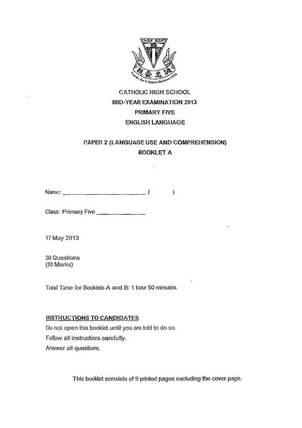 Catholic High P5 Eng WA2 2013 exam paper PDF preview