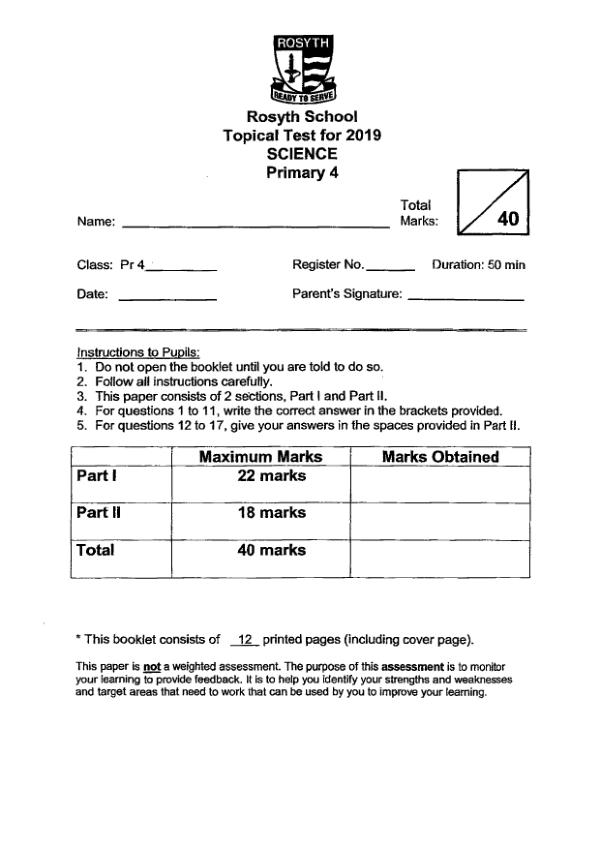 Rosyth P4 Sci WA1 2019 exam paper PDF preview