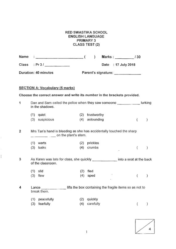 Red Swastika P3 Eng WA3 2018 exam paper PDF first page preview