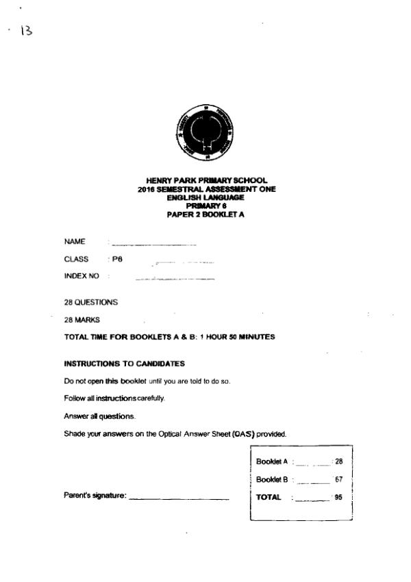 Henry Park P6 Eng WA2 2016 exam paper PDF preview