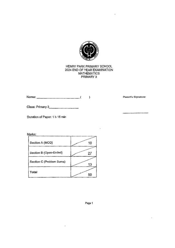 First page preview of P3 Math 2024 SA2 — Henry Park