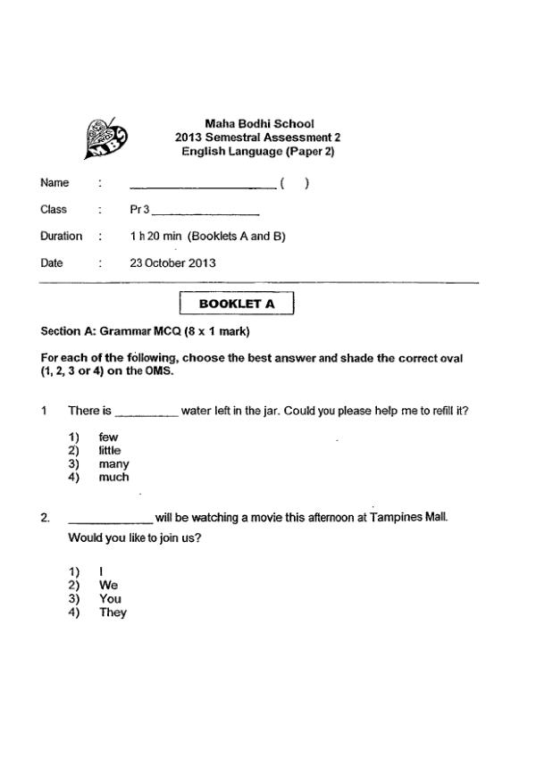 Maha Bodhi P3 Eng SA2 2013 exam paper PDF first page preview