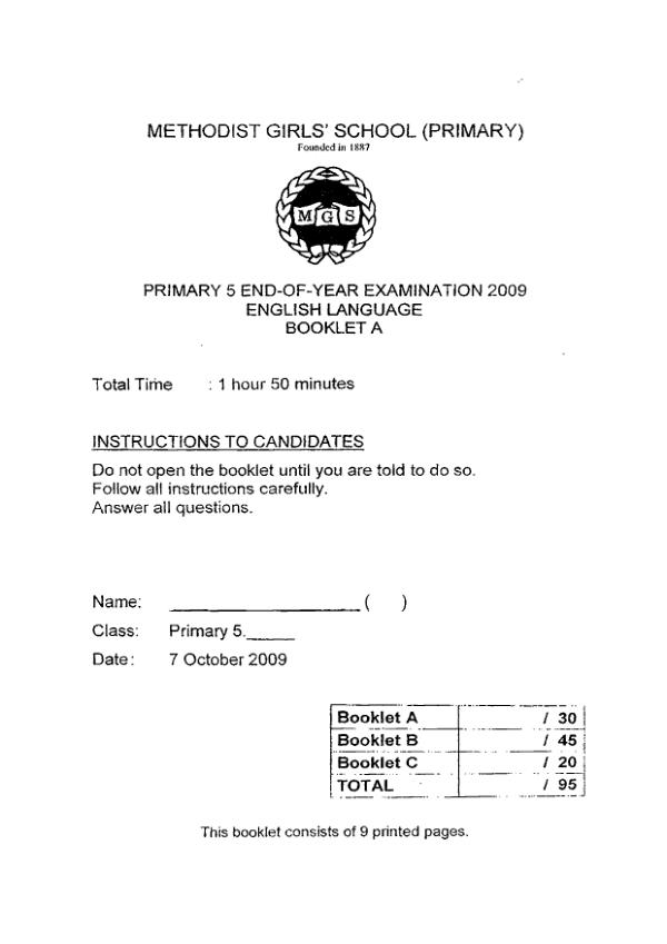 Methodist Girls P5 Eng SA2 2009 exam paper PDF preview