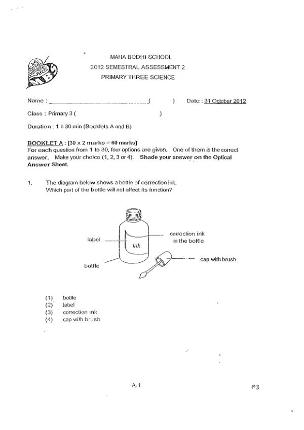 Maha Bodhi P3 Sci SA2 2012 exam paper PDF preview