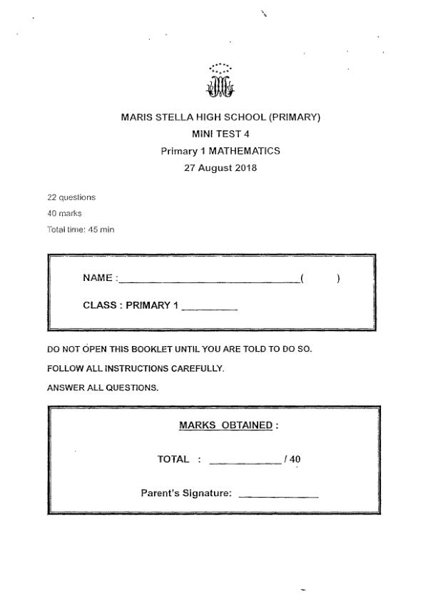 First page preview of P1 Math 2018 WA2 — Maris Stella High