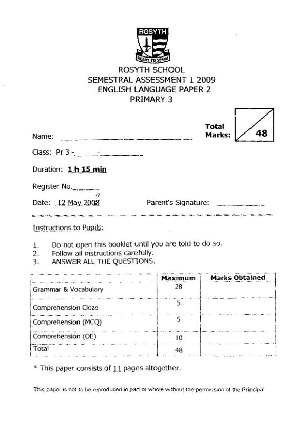 Rosyth P3 Eng WA2 2009 exam paper PDF preview