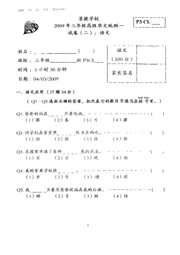 Maha Bodhi P3 Chi WA1 2009 exam paper PDF preview