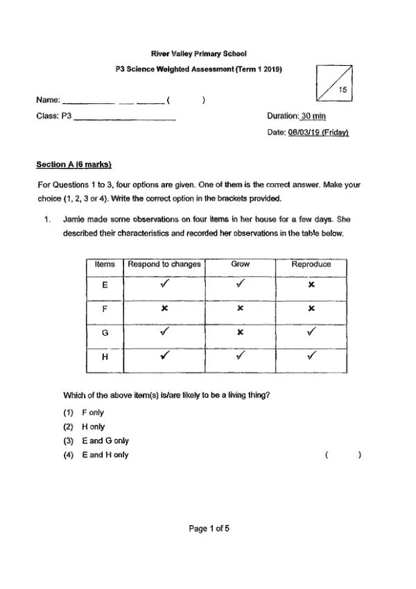 River Valley P3 Sci WA1 2019 exam paper PDF preview