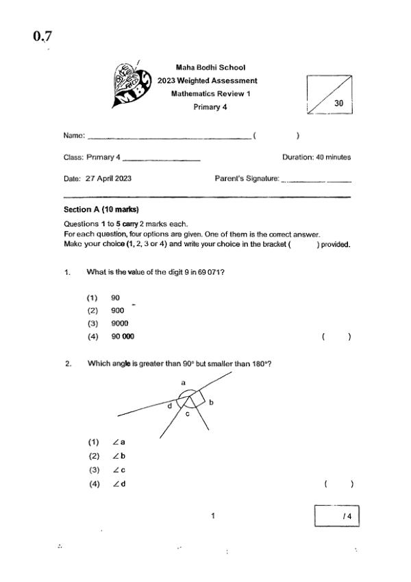 First page preview of P4 Math 2023 WA2 — Maha Bodhi