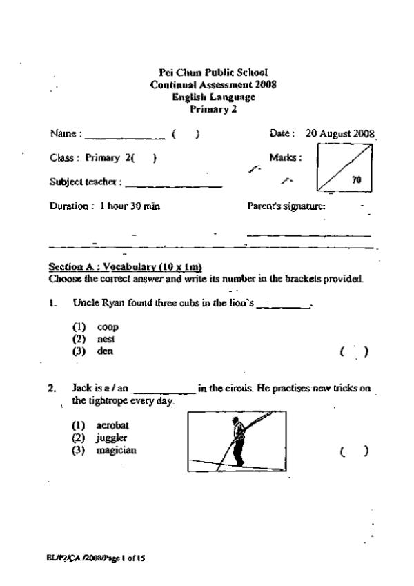 Pei Chun P2 Eng WA3 2008 exam paper PDF first page preview