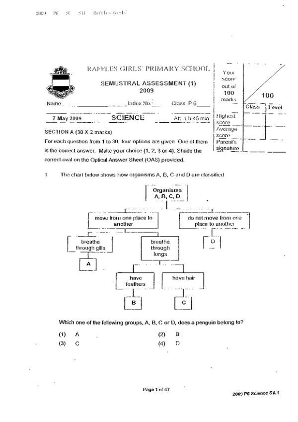 Raffles Girls P6 Sci WA2 2009 exam paper PDF first page preview