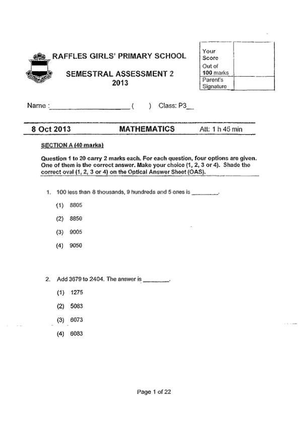 Raffles Girls P3 Math SA2 2013 exam paper PDF preview
