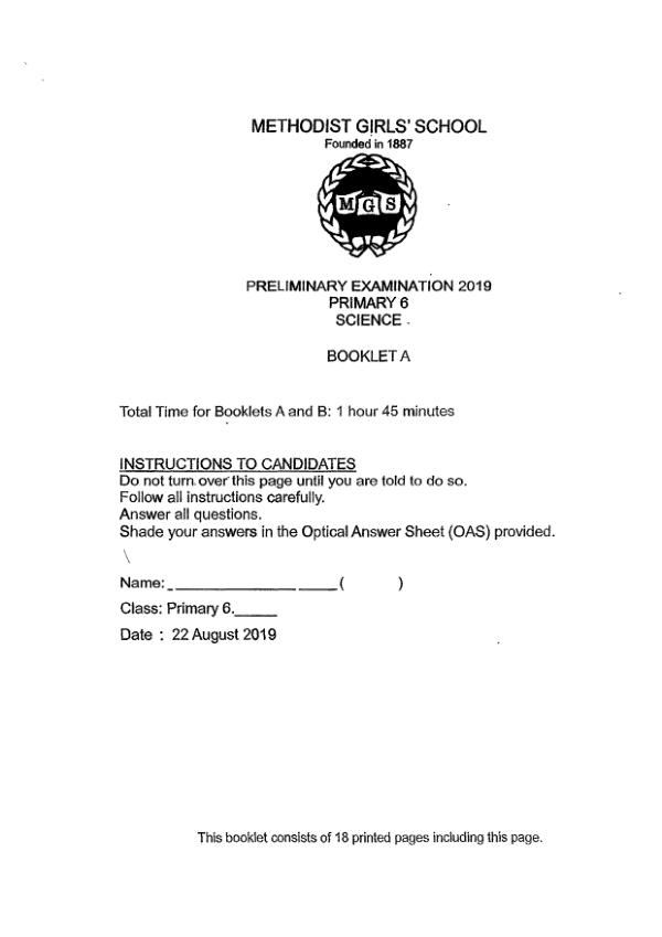 Methodist Girls P6 Sci SA2 2019 exam paper PDF first page preview