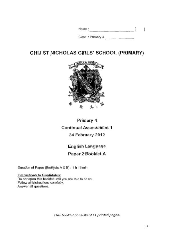 CHIJ P4 Eng WA1 2012 exam paper PDF preview