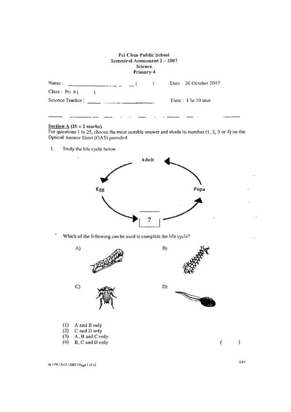 Pei Chun P4 Sci SA2 2007 exam paper PDF preview