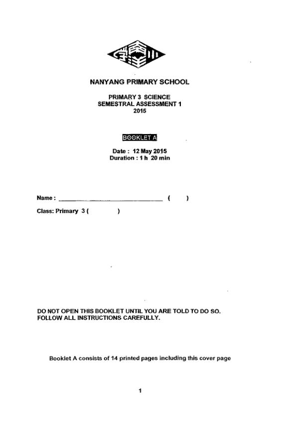 Nanyang P3 Sci WA2 2015 exam paper PDF first page preview