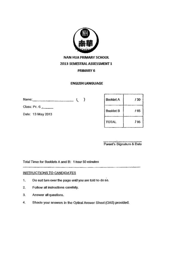 Nan Hua P6 Eng WA2 2013 exam paper PDF first page preview