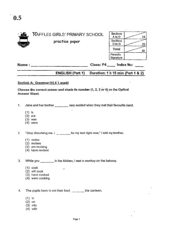 Raffles Girls P4 Eng WA1 2023 exam paper PDF first page preview