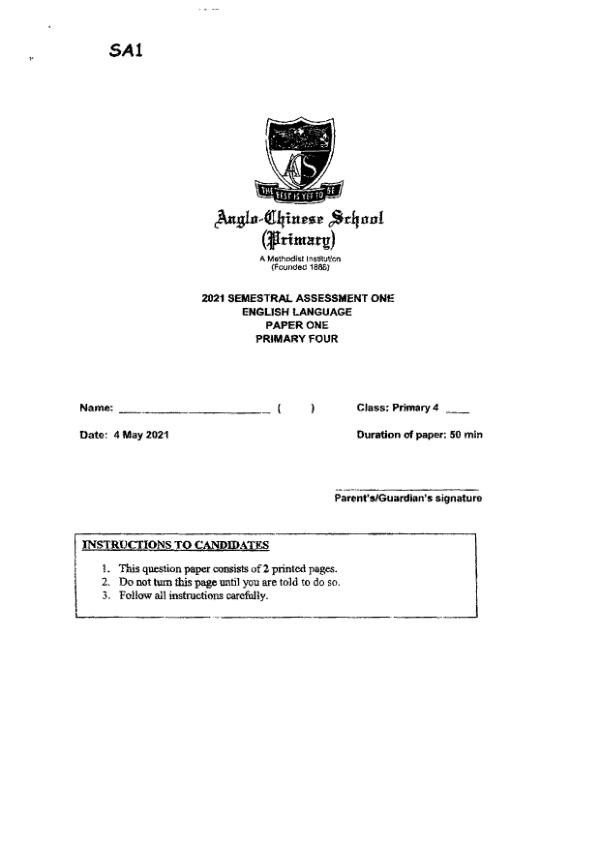 Anglo Chinese P4 Eng WA2 2021 exam paper PDF first page preview