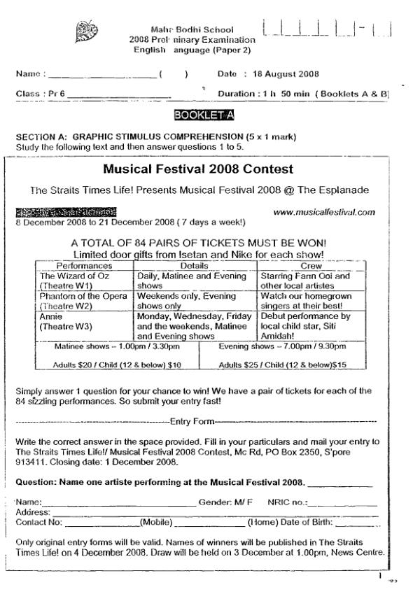 Maha Bodhi P6 Eng SA2 2008 exam paper PDF preview