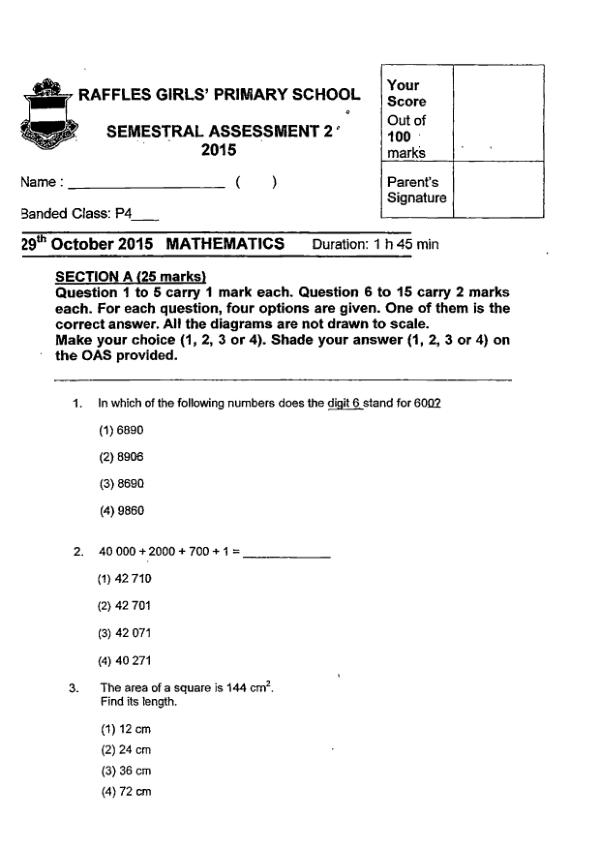 First page preview of P4 Math 2015 SA2 — Raffles Girls