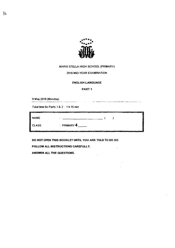 Maris Stella High P4 Eng WA2 2016 exam paper PDF first page preview