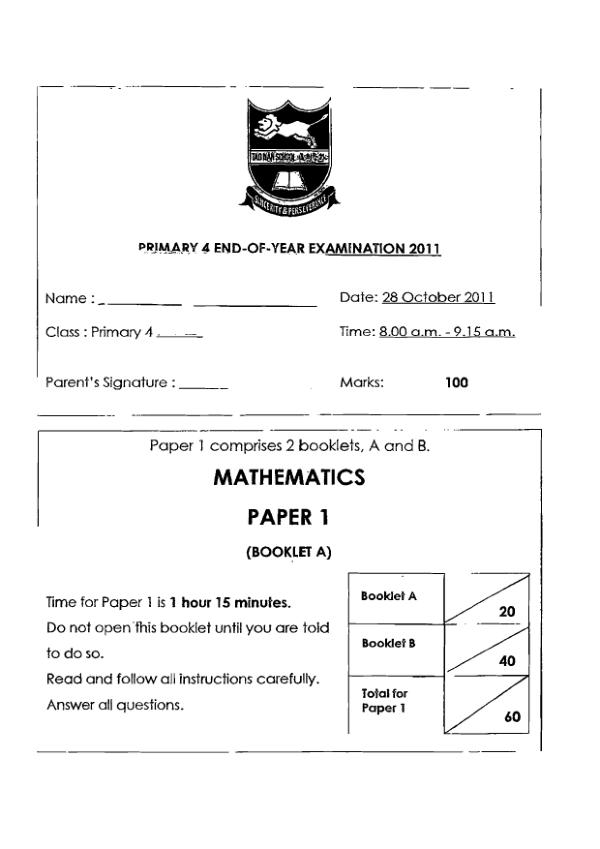 Tao Nan P4 Math SA2 2011 exam paper PDF preview