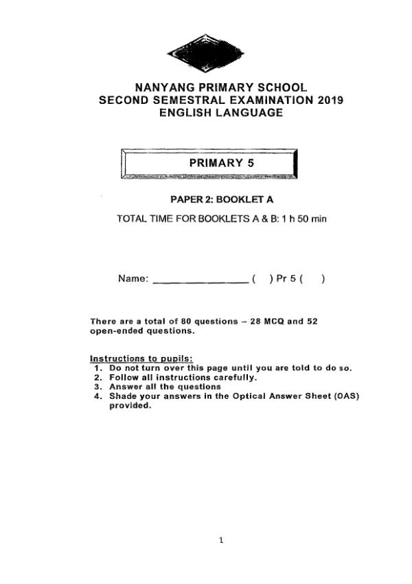 Nanyang P5 Eng SA2 2019 exam paper PDF preview