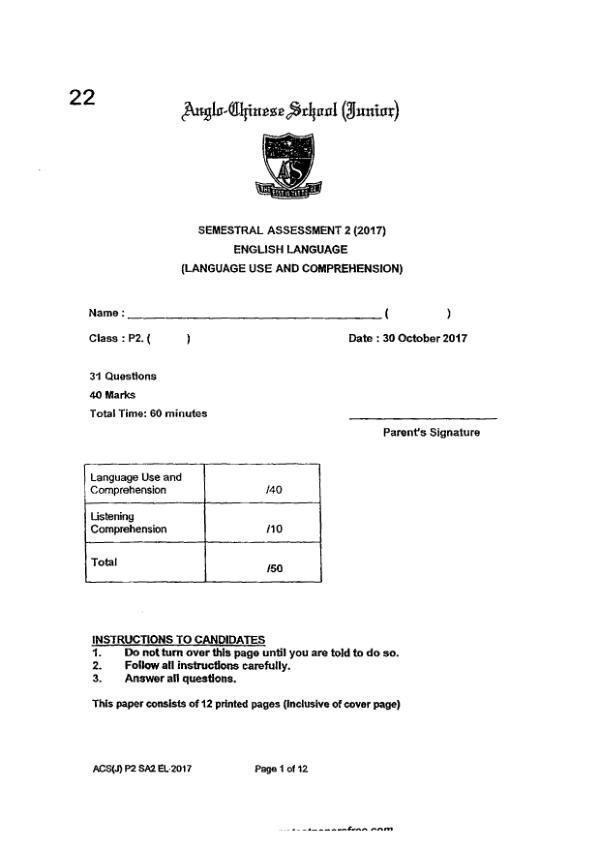 Anglo Chinese P2 Eng SA2 2017 exam paper PDF first page preview