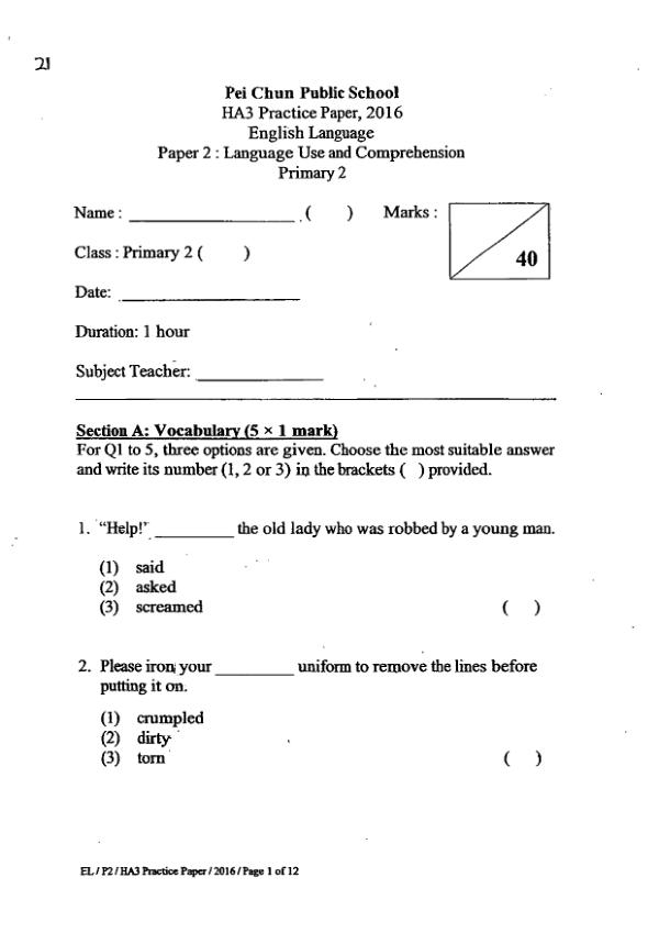 Pei Chun P2 Eng WA3 2016 exam paper PDF first page preview