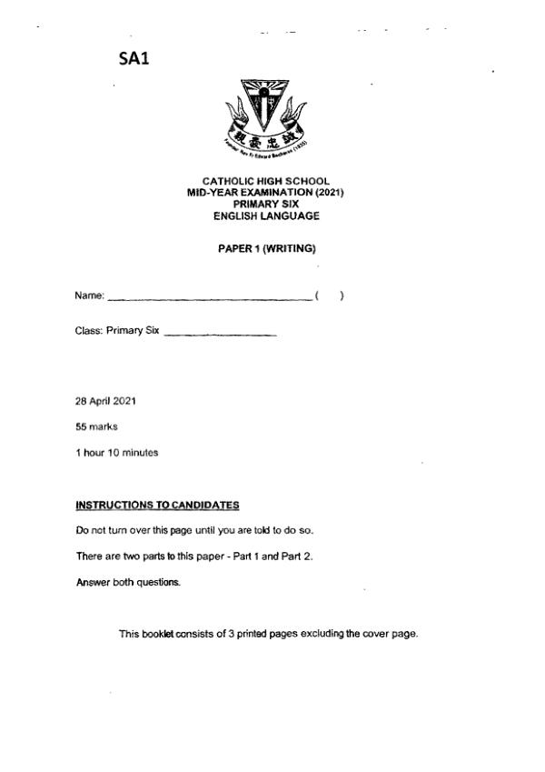 Catholic High P6 Eng WA2 2021 exam paper PDF first page preview