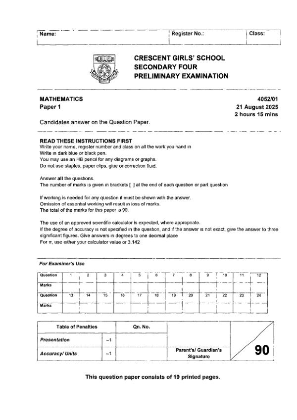 Crescent Girls Sec4 E_Maths Prelim 2025 exam paper PDF preview