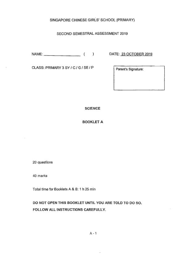 Singapore Chinese Girls P3 Sci SA2 2019 exam paper PDF preview