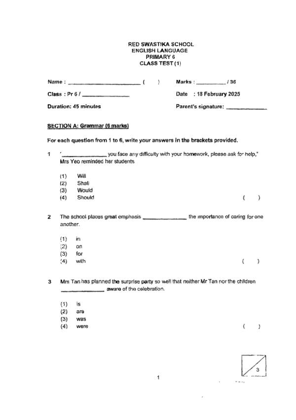Red Swastika P6 Eng WA1 2025 exam paper PDF first page preview