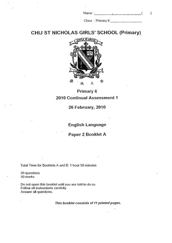CHIJ P6 Eng WA1 2010 exam paper PDF preview