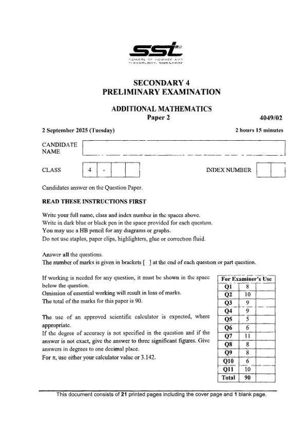 School of Science and Technology Sec4 A_Maths Prelim 2025 exam paper PDF preview