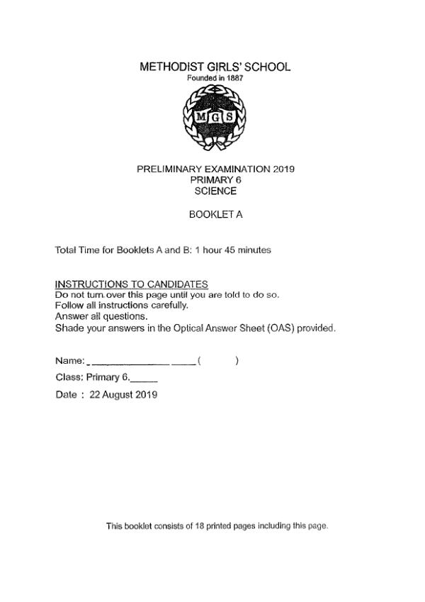 Methodist Girls P6 Sci SA2 2019 exam paper PDF first page preview