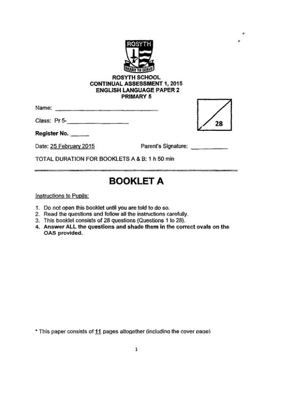 Rosyth P5 Eng WA1 2015 exam paper PDF preview