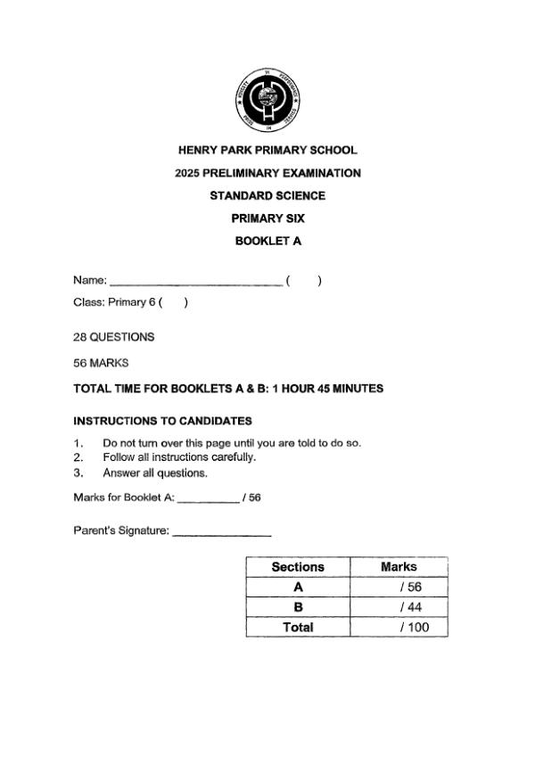 Henry Park P6 Sci SA2 2025 exam paper PDF preview