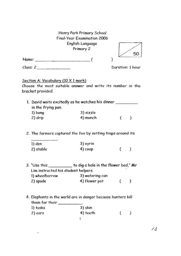 Henry Park P2 Eng SA2 2006 exam paper PDF preview