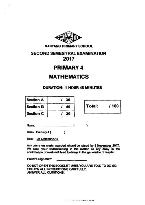First page preview of P4 Math 2017 SA2 — Nanyang