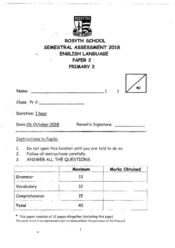Rosyth P2 Eng SA2 2018 exam paper PDF first page preview