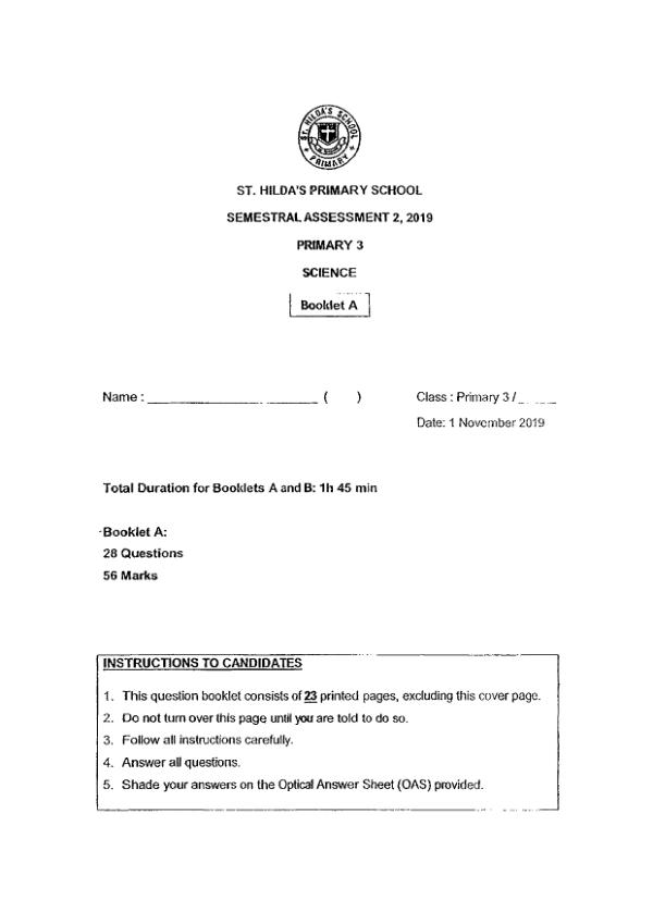 St Hildas P3 Sci SA2 2019 exam paper PDF preview