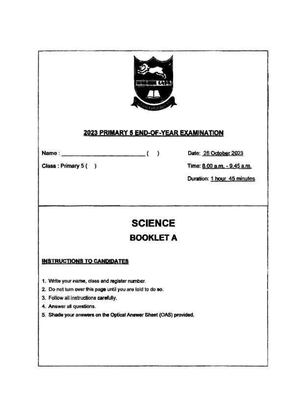 Tao Nan P5 Sci SA2 2023 exam paper PDF preview