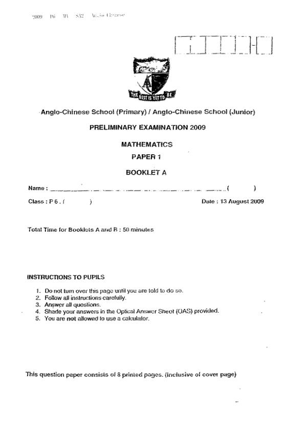 Anglo Chinese P6 Math SA2 2009 exam paper PDF preview