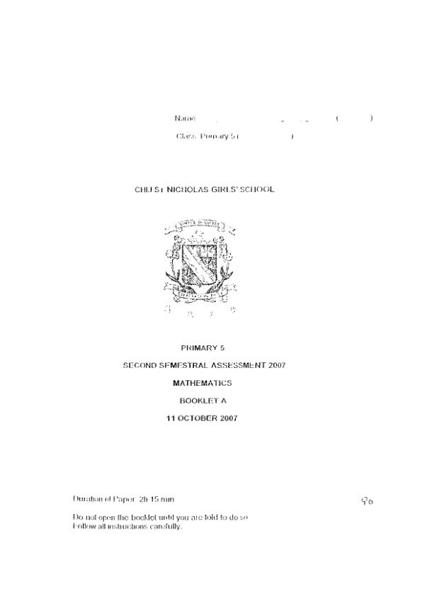 CHIJ P5 Math SA2 2007 exam paper PDF first page preview