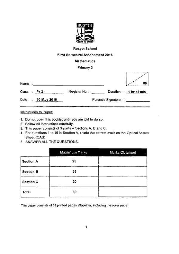 First page preview of P3 Math 2016 WA2 — Rosyth