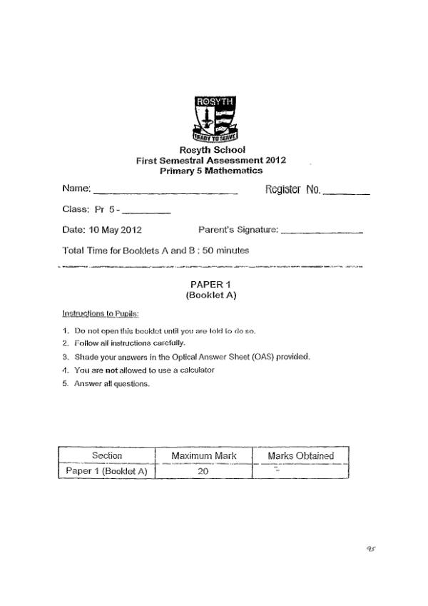 Rosyth P5 Math WA2 2012 exam paper PDF preview